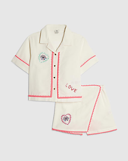 Girls White Embellished Shirt And Skort Set