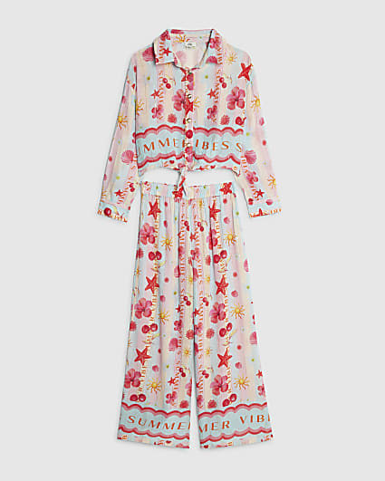 Girls Blue Stripe Beach Print Trousers Set