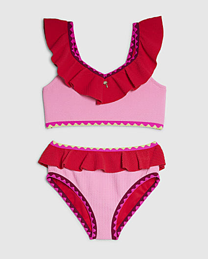 Girls Pink Textured Frill Bikini Set