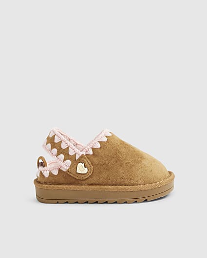 Mini Girls Beige Whipstitch Strap Slippers