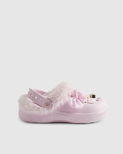 Girls Pink Faux Fur Lined Charm Clogs