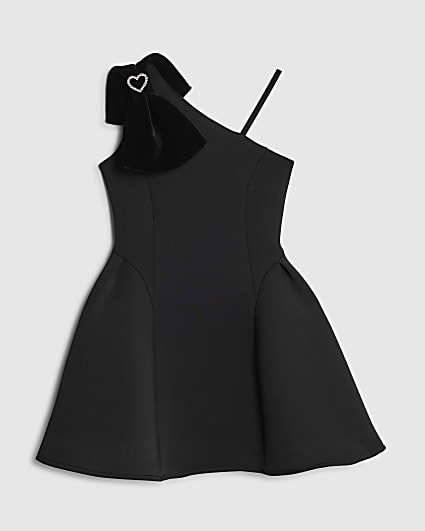 Girls Black One Shoulder Bow Skater Dress
