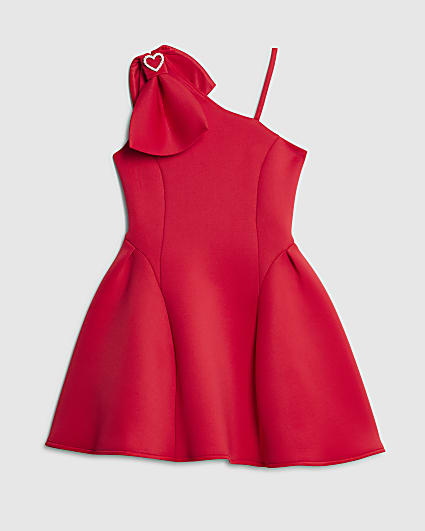 Girls Red One Shoulder Bow Scuba Dress