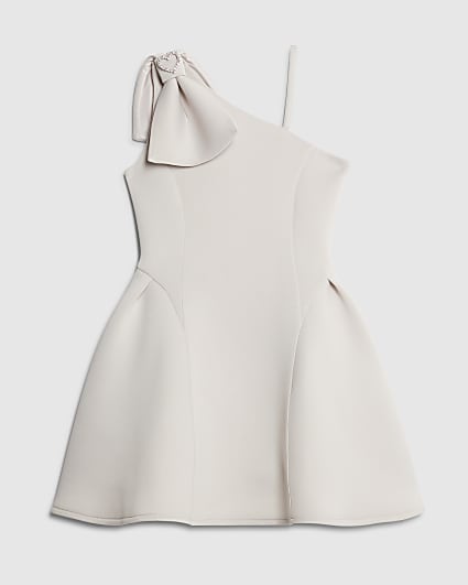 Girls Grey One Shoulder Bow Scuba Dress