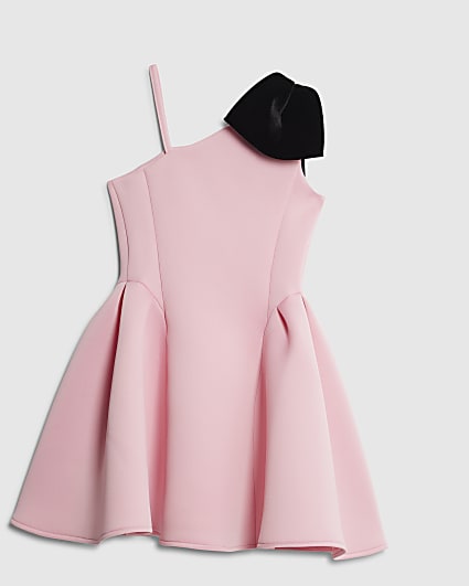 Girls Pink One Shoulder Bow Scuba Dress