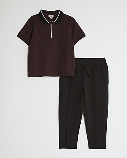 Mini Boys Red Ottoman Collar Polo Shirt Set