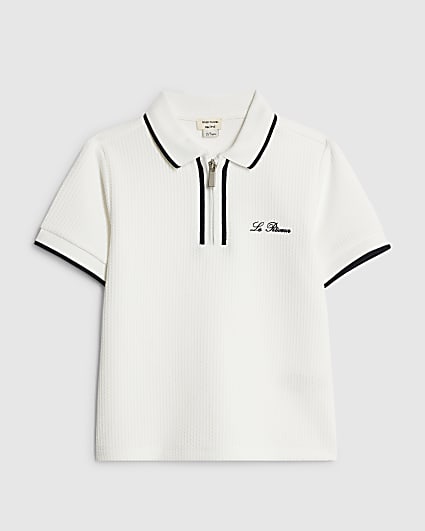 Mini Boys White Textured Polo Shirt