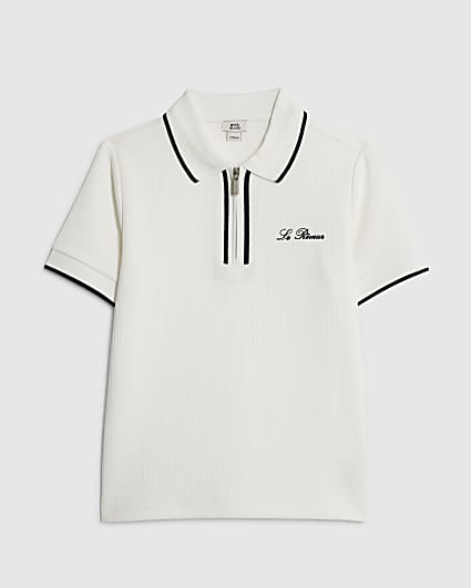Boys White Textured Polo Shirt