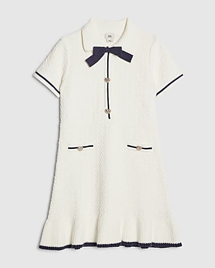 Girls Cream Boucle Bow Dress