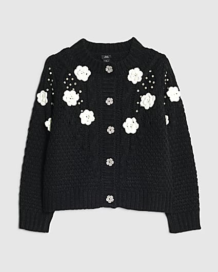 Girls Black Embellished Flower Cardigan