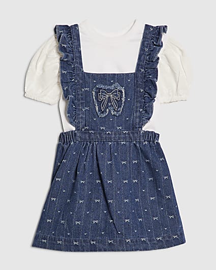 Mini Girls Blue Bow Pinafore Shirt Dress