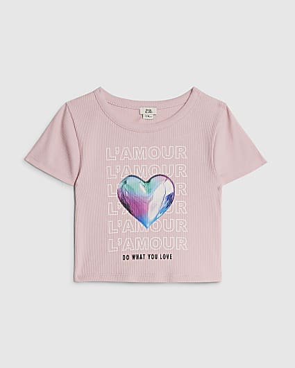 Girls Pink L'Amour Heart Ribbed T-Shirt