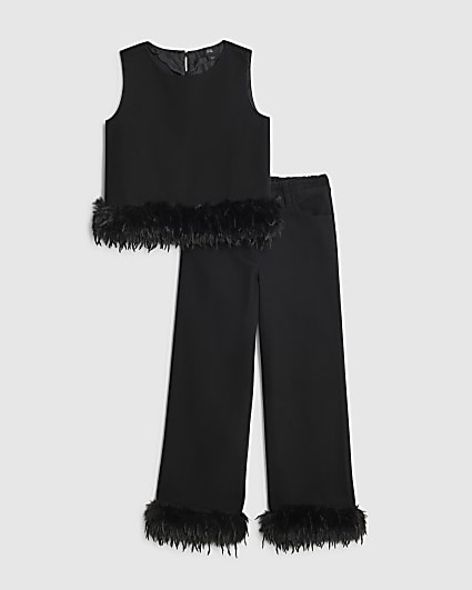 Girls Black Feather Trim Wide Leg Set