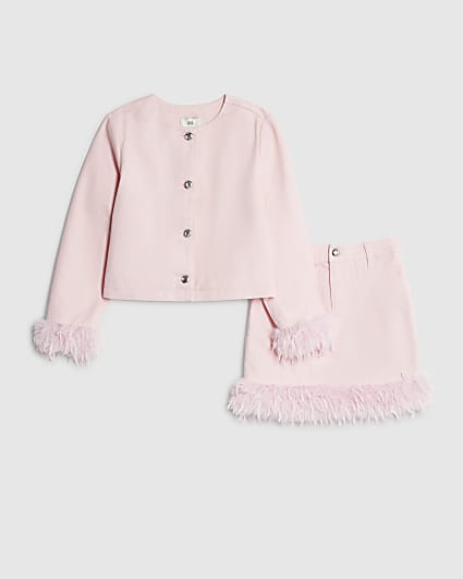 Girls Pink Feather Trim Skirt Set