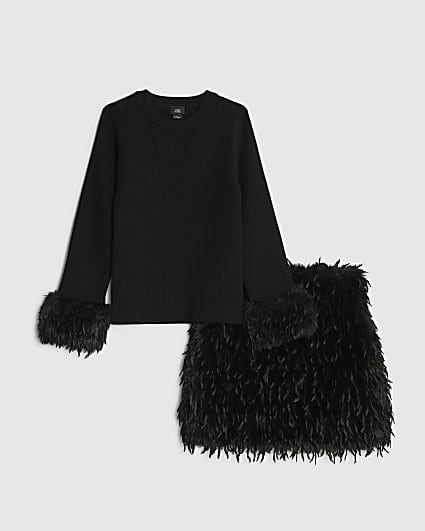 Girls Black Feather Skirt Set