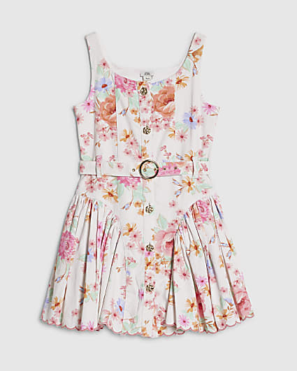 Girls White Floral Print Denim Prom Dress