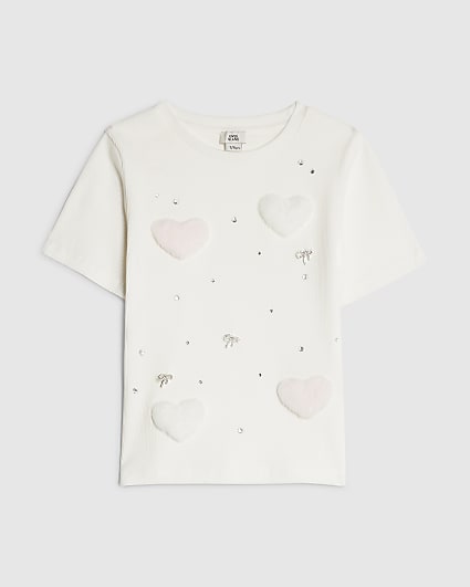 Girls White Ribbed Fur Heart Baby T-shirt