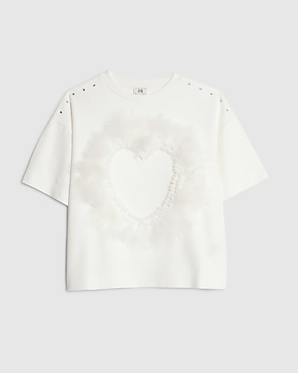 Girls White Feather Heart T-Shirt