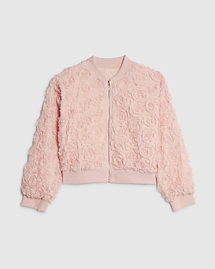 Girls Pink 3D Floral Bomber Jacket
