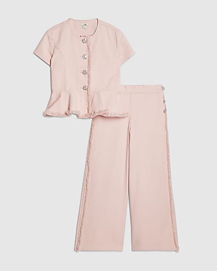 Girls Pink Denim Peplum Top Set