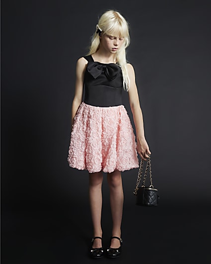 Girls Black Bow Floral Hem Dress