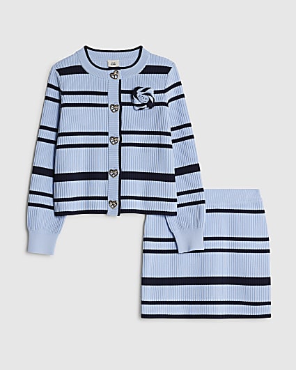 Girls Navy Stripe Cardigan And Skirt Set