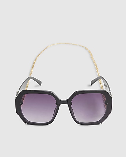 Girls Black Hexagon Sunglasses With Chain