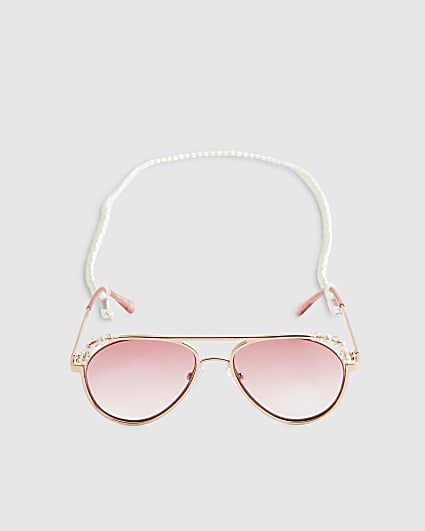 Girls Pink Aviator Sunglasses Pearl Chain