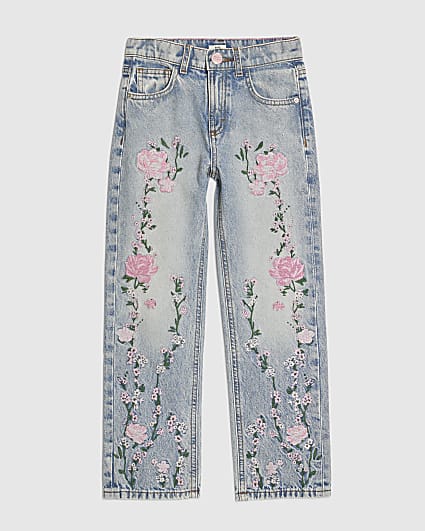 Girls Pink Floral Straight Jeans