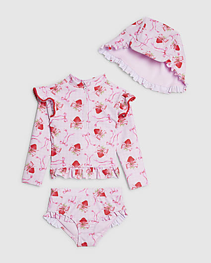 Mini Girls Pink Strawberry Bow Bikini Set