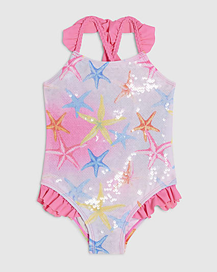 Mini Girls Pink Starfish Sequin Swimsuit