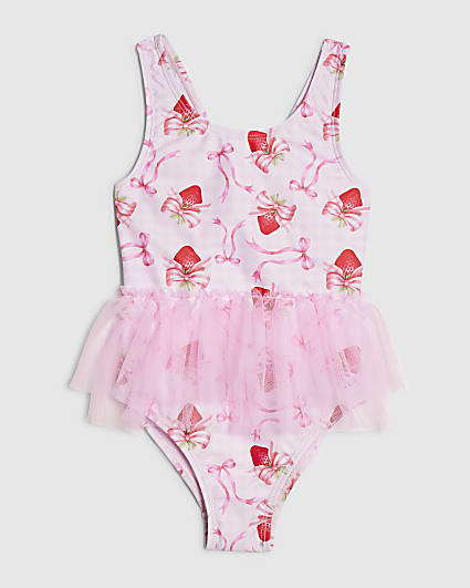 Mini Girls Pink Strawberry Bow Tutu Swimsuit