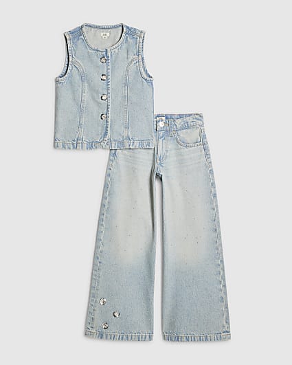 Girls Blue Denim Embellished Waistcoat Set