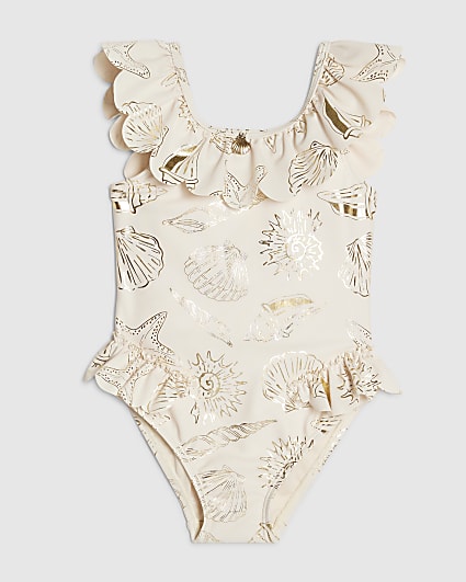 Mini Girls Cream Gold Foil Shell Swimsuit
