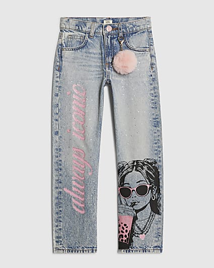 Girls Blue Graffiti Pom Straight Leg Jeans