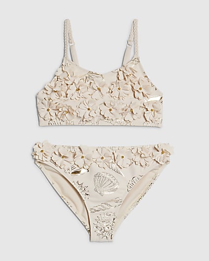 Girls Cream Gold Foil 3D Flower Bikini Set