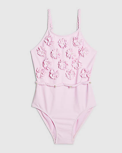 Girls Pink 3D Floral Swimsuit