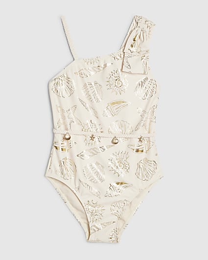 Girls Cream Foil Shell Swimsuit