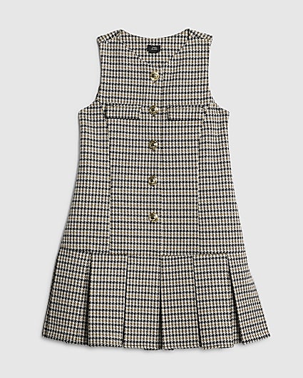 Girls Beige Houndstooth Pinafore Dress