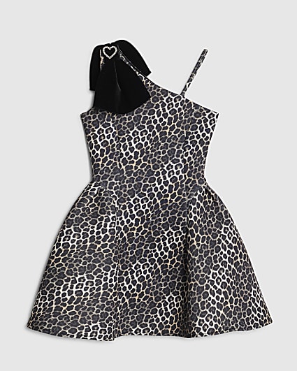 Girls Brown One Shoulder Bow Skater Dress