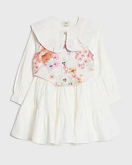 Mini Girls White Floral 2in1 Shirt Dress