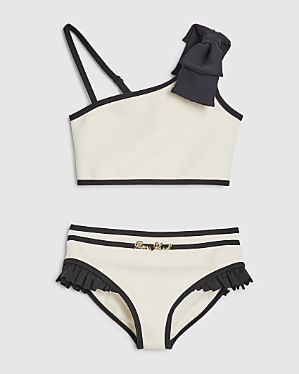 Girls Cream 3D Bow Asymmetric Bikini Set