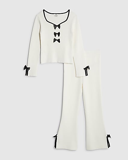 Girls Cream Bow Trouser Set