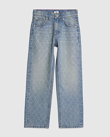 Girls Blue Embellished Cross Straight Jeans