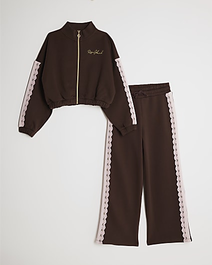 Girls Brown Lace Trim Tracksuit Set