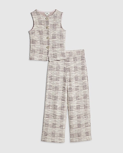 Girls Pink Check Boucle Waistcoat Set