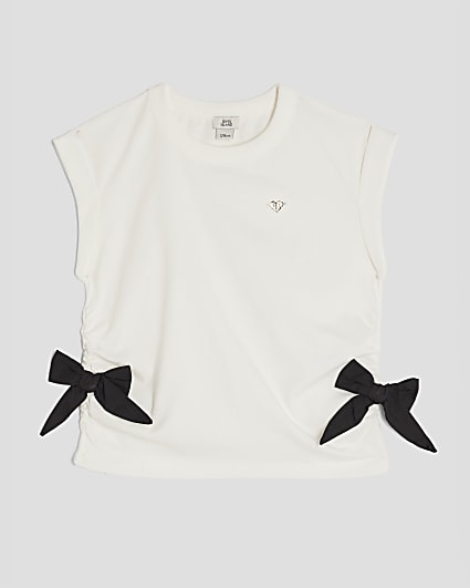 Girls White Side Bow T-shirt