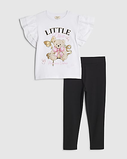Mini Girls White Frill Sleeve Bear T-Shir Set