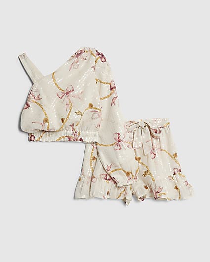 Girls Cream Sequin Chain Print Top Set