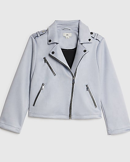 Girls Blue Faux Suede Biker Jacket